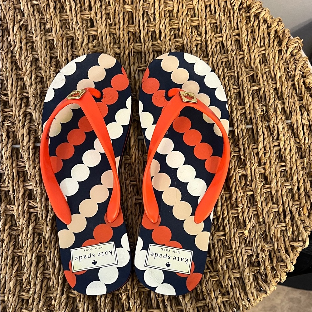 kate spade navy, cream & orange polka dot flip flops